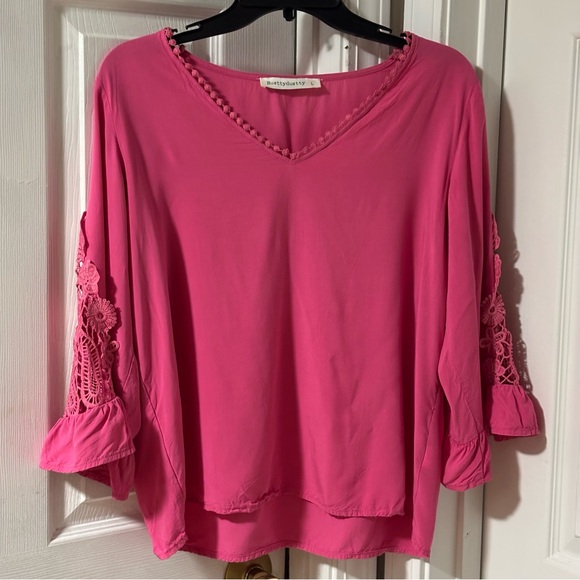 Magenta Pink Ruffled 3/4 Sleeve Blouse Size Large Y2K Mad Girl - Picture 1 of 6